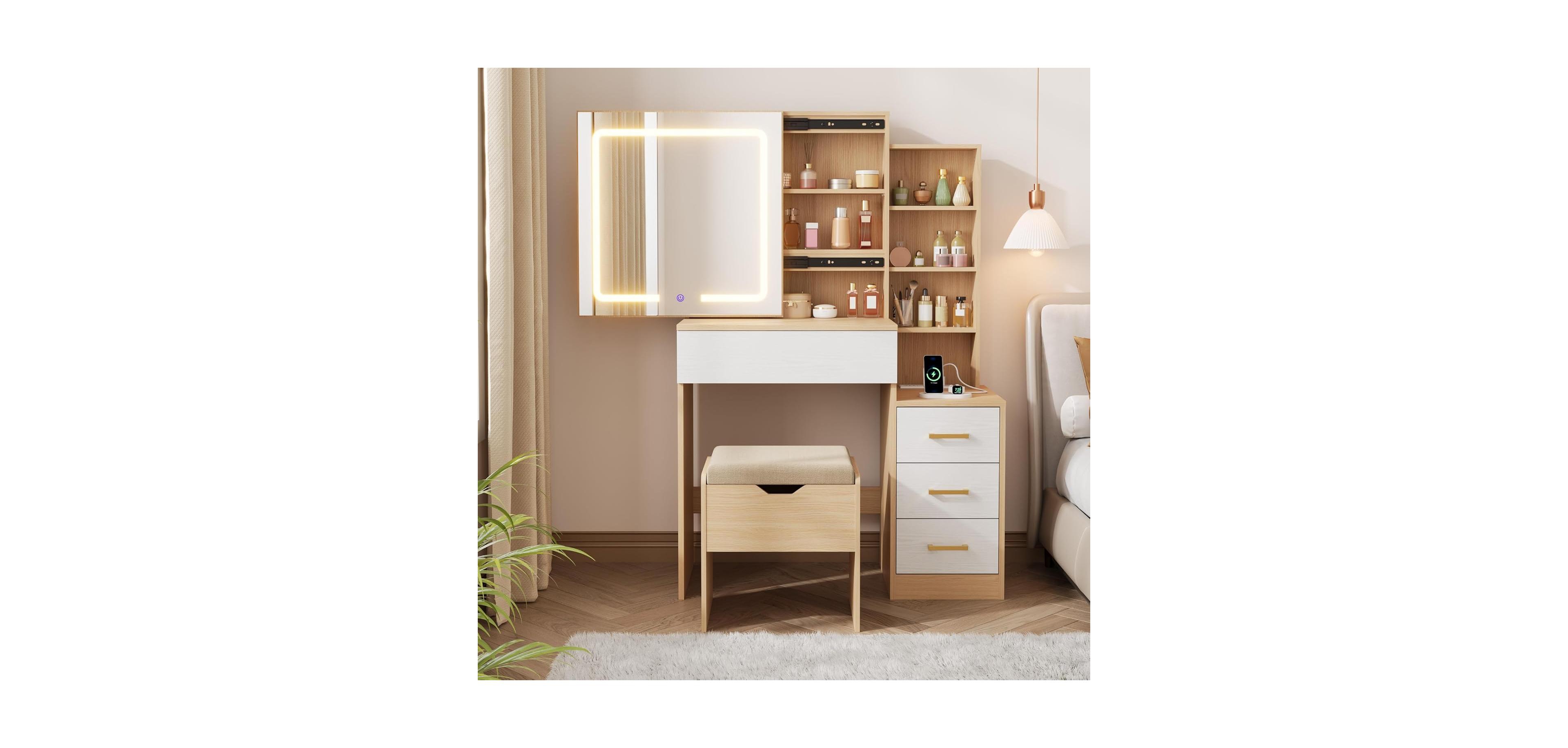 Gaomon Vanity Desk with Sliding Mirror & Lights, 4 Drawers, 7 Shelves, Charging Station, Stool Included, 3 Lighting Modes, Modern Makeup