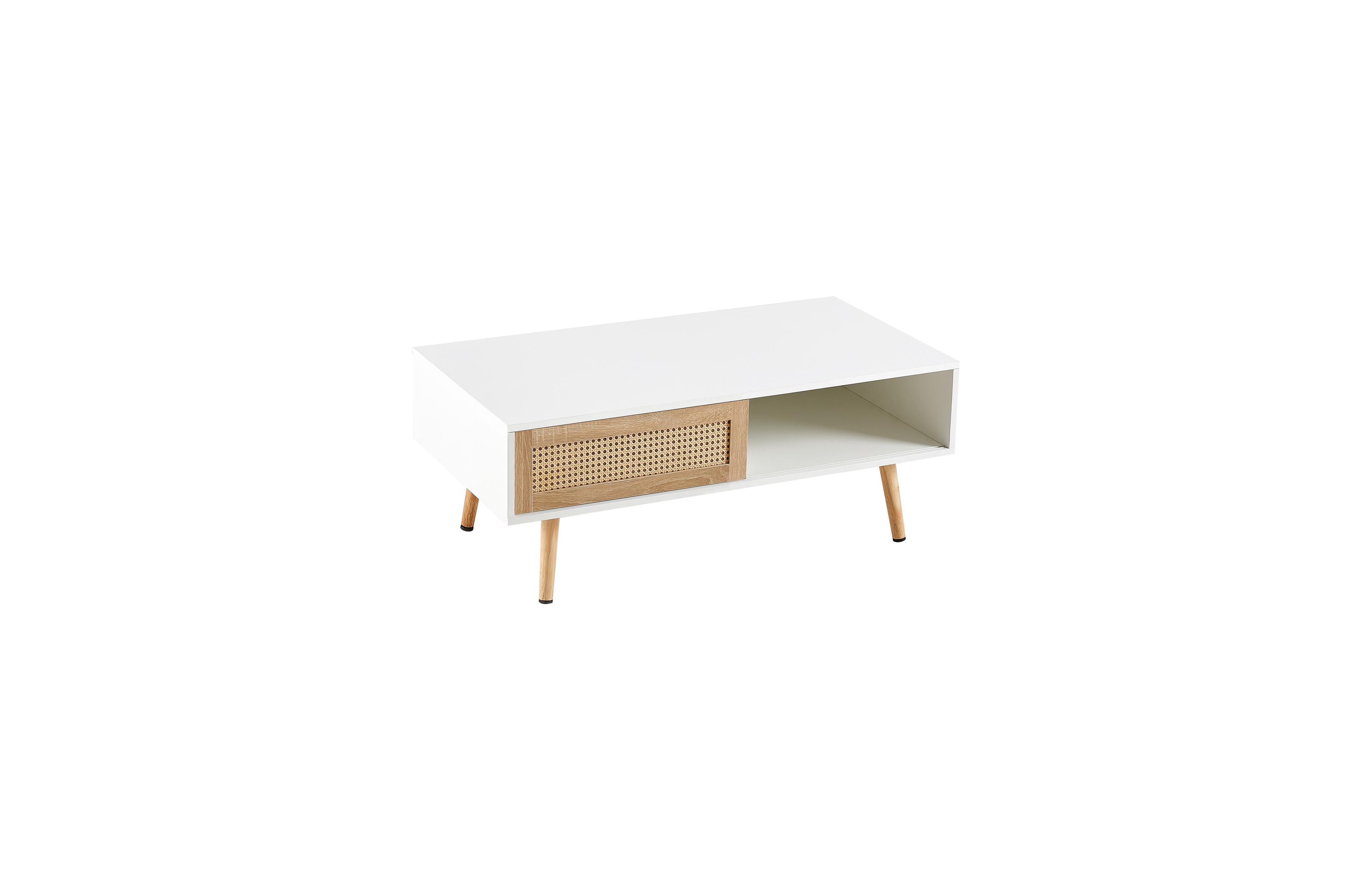 sumyeg Modern Rattan Coffee Table with Sliding Door Storage and Solid Wood Legs