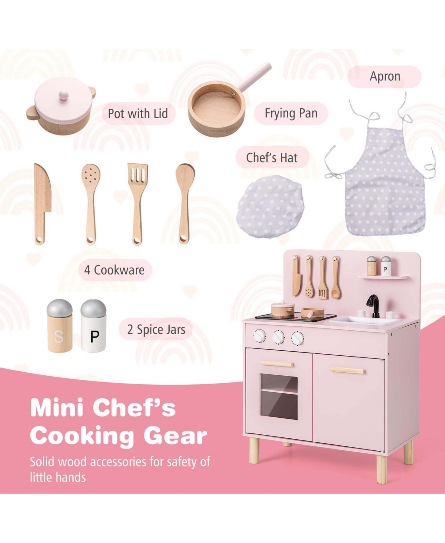 Детский игровой набор Costway Light-Up Cooking Sounds Wooden Kids Kitchen Playset, от 3 лет, цвет: Розовый — фото 7