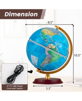 8 Inch LED Illuminated World Globe With Wooden Base And USB Power Cord
