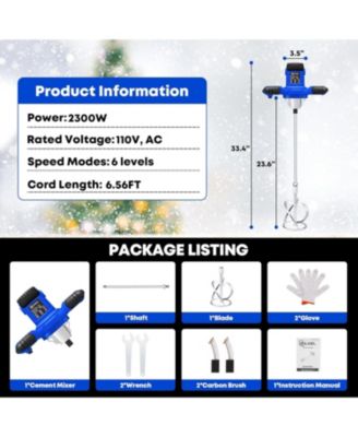 2300W Electric Cement Mixer 110V Blue 6 Speed Handheld Concrete Mortar Mud Mixer Lightweight Ventilated Design for Home Renovation Use