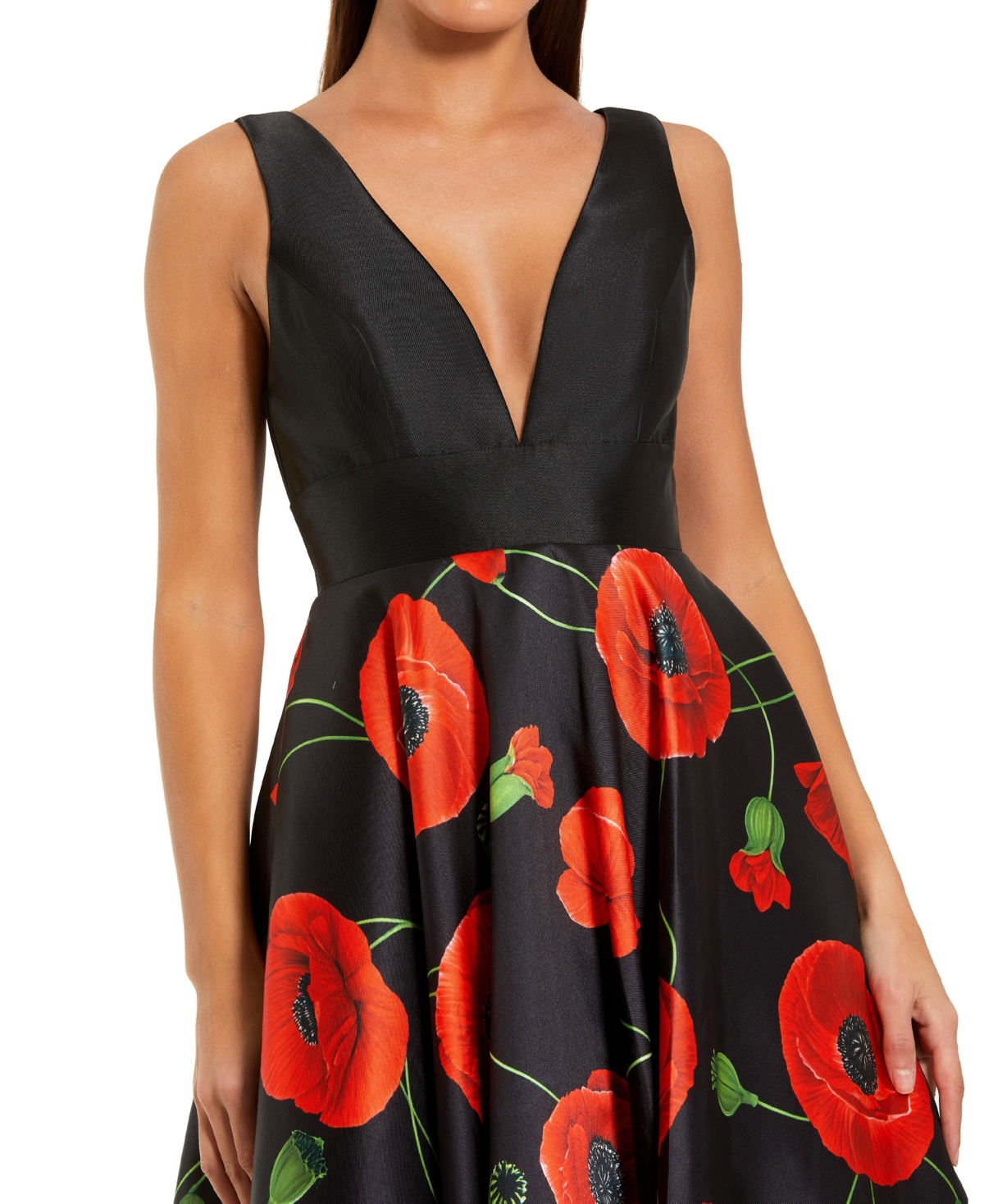 Mac Duggal Women's Black Plunge Neck Ballgown With Floral Mikado Skirt