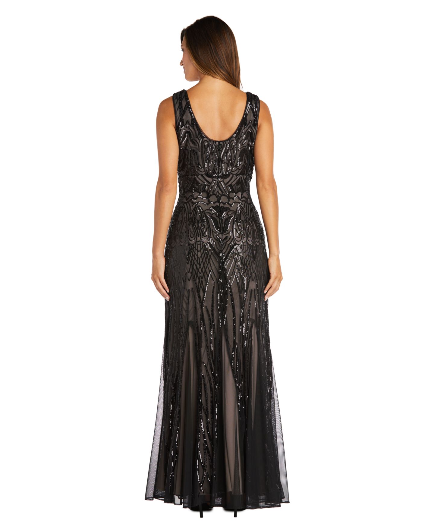 Женские платья R & M Richards Sequined V-Neck Godet Gown, цвет: Чёрный телесный — фото 3