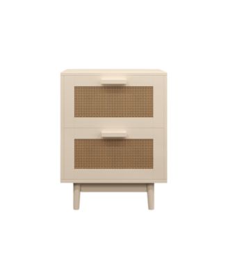 Burly Wood Nightstand 2 Faux Rattan Drawers Accent Table
