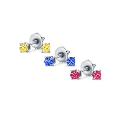 Pink Blue Yellow CZ Solitaire Stud Earrings Sterling Silver Screwback 3 Set