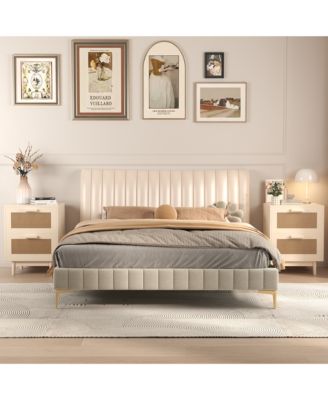 Burly Wood Nightstand 2 Faux Rattan Drawers Accent Table