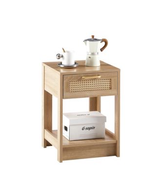 Modern Rattan End Table with Drawer Nightstand Side Table