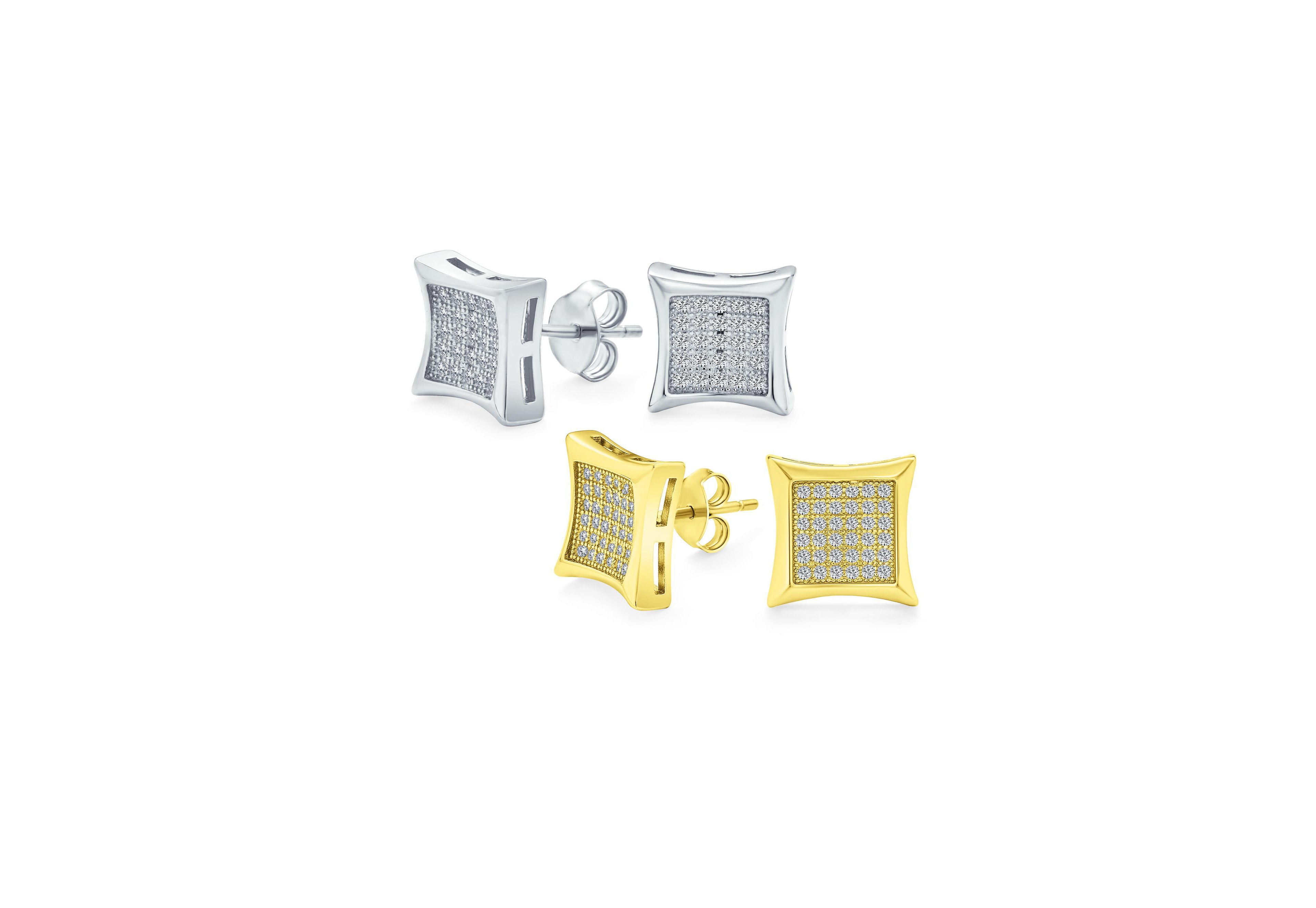 Bling Jewelry Square Cz Kite Shaped Stud Earrings Gold Plated Sterling Silver 2 Set 9MM