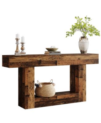 63" Console Table, Farmhouse 2-Tier Entryway Table with U-Shaped Base, Mix Brown