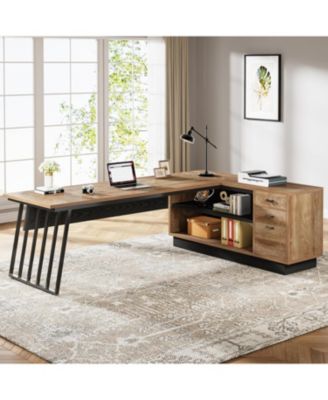 71-Inch Executive Desk, L-Shaped Desk with Cabinet, Large Office Desk with Drawers and Storage Shelves