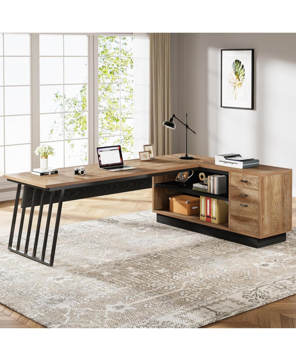 Tribesigns 71-Inch Executive Desk, L-Shaped Desk with Cabinet, Large Office Desk with Drawers and Storage Shelves, Writing Table Computer Desk