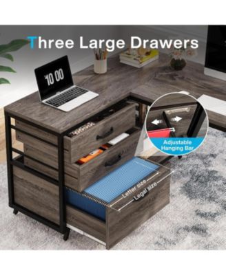 L-Shaped Desk with 3 Drawers, Reversible Corner Home Office Computer Desk with Shelves