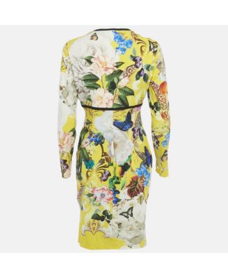 Women's Yellow Floral Print Jersey Ruched Detail Short Dress