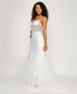 Juniors' Sequin Detail Corset Illusion Long Gown