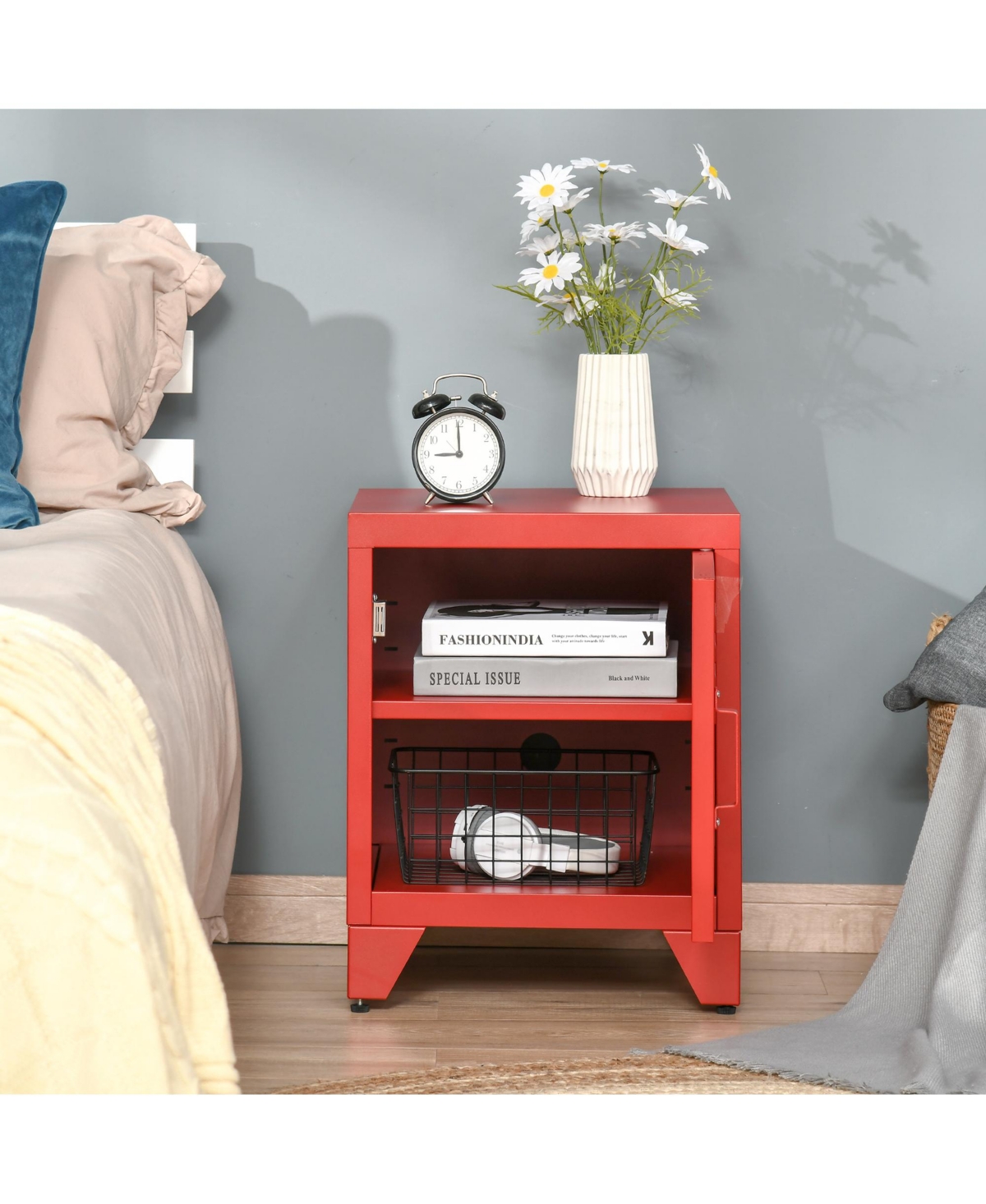 Homcom Locker-Style Nightsd Storage Side Table w/ Shelf & Metal Frame,