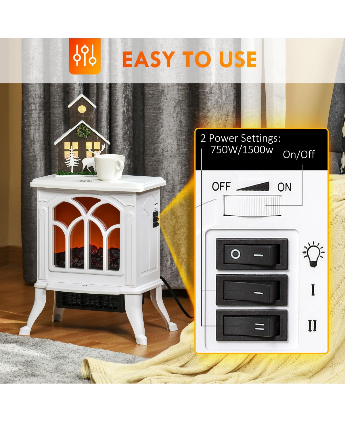 Homcom Portable Indoor Electric Fireplace Heater Stove w/ Realistic Flame White