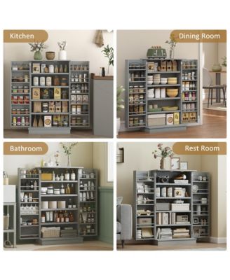 Kitchen Pantry Storage Cabinet w/ 5-tier Shelving, 12 Spice Racks