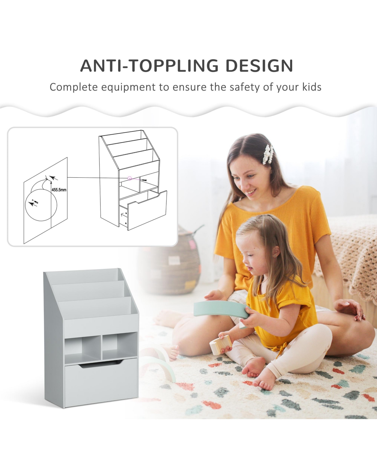 Homcom Kids Storage Bookcase Stand with Drawer for Toys & Books, Grey