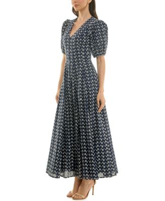 Women's Puff-Sleeve Eyelet Button-Front Dress