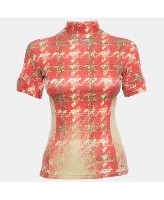 Women's Red/beige Floral Print Modal Jersey High Neck Top