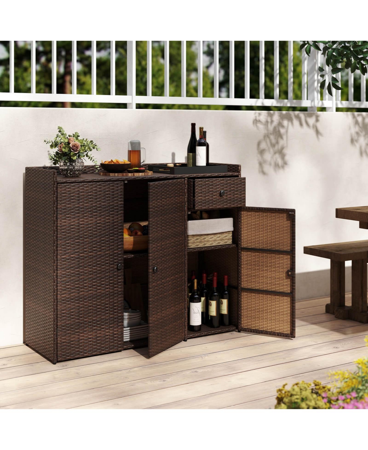 Costway Outdoor Pe Wicker Storage Cabinet with 3 Doors Adjustable Shelves and Drawer