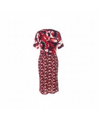 Women's Red & Blue Mixed Print Silk Blend Short Sleeve Dress