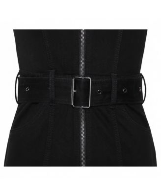 Brit Black Denim Belted Zipper Front Short Dress