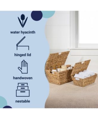 Wilder Classic Farmhouse Woven Hyacinth Rectangular Storage Baskets with Lids and Handles (Set of 2