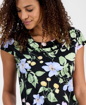 Women's Cowl-Neck Cap-Sleeve Floral Top