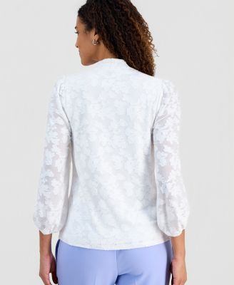 Women's Burnout Floral V-Neck Blouse with 3/4 Balloon Sleeves, Regular & Petite