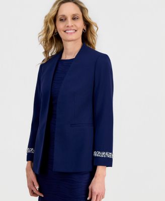Women's Stretch Crepe Collarless Embellished Bracelet-Sleeve Jacket