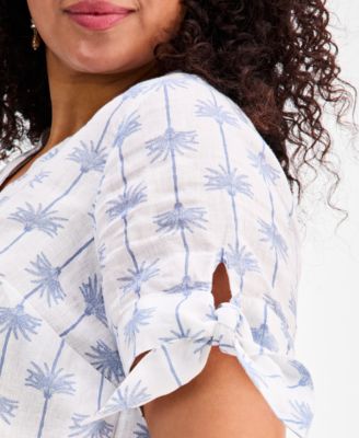 Plus Size Woven Linen King Street Palm Tie-Sleeve Top