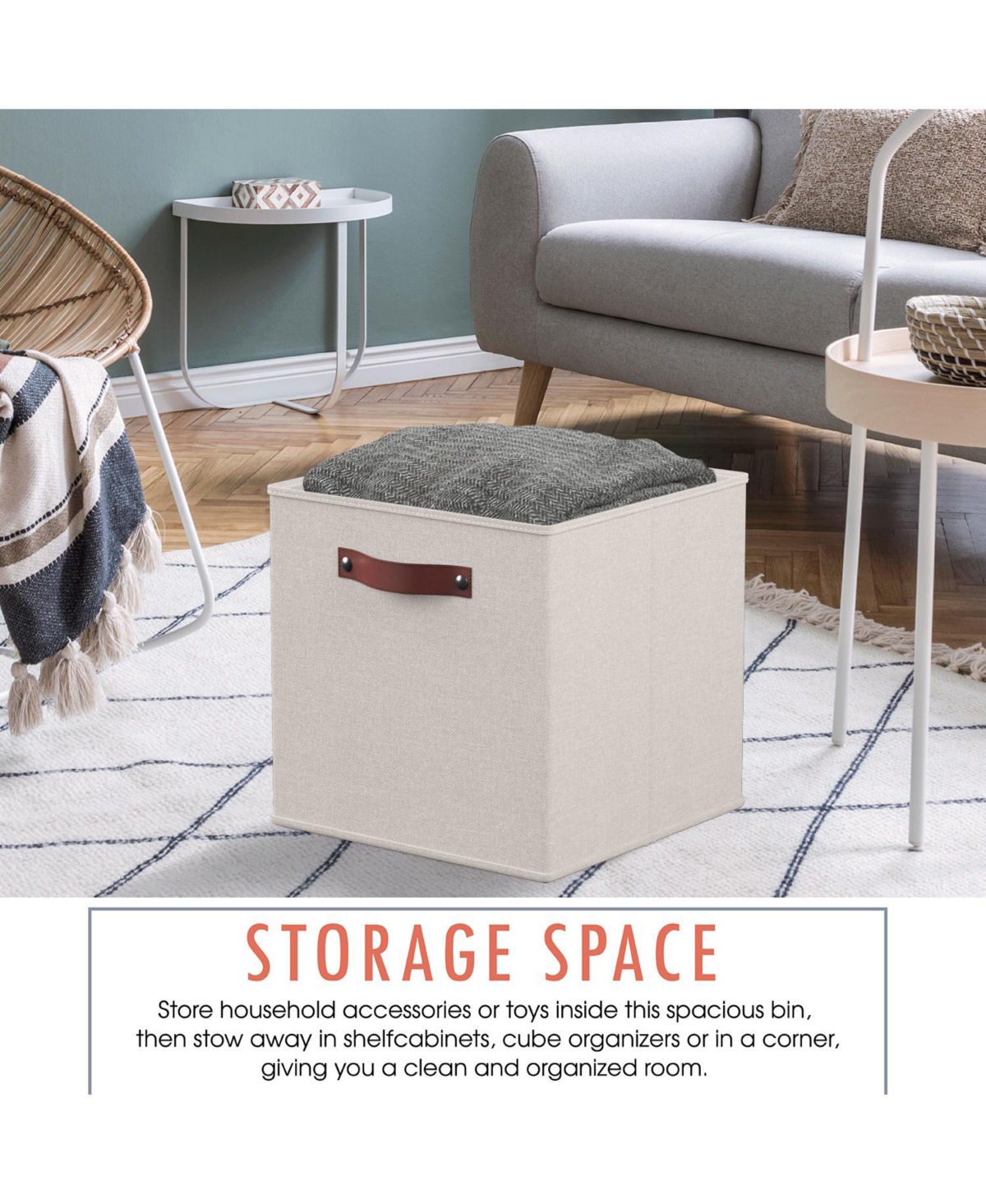 Ornavo Home 6 Pack Linen Fabric Kallax Storage Cube Bin with Faux Leather Handles