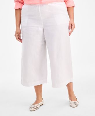 Plus Size Woven Linen Cropped Wide-Leg Pants