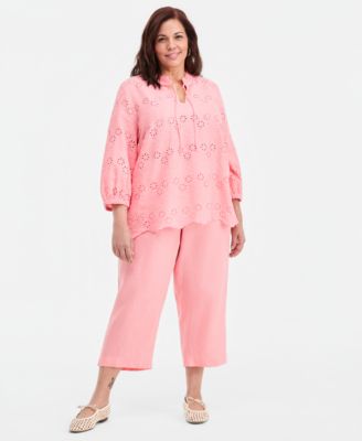 Plus Size 100% Linen Eyelet Tie-Neck Top