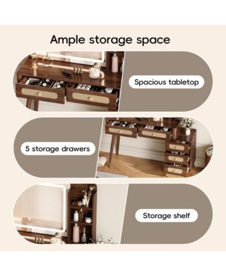 47" Vintage Makeup Vanity with Mirror and Lights, Makeup Vanity Desk with 5 Drawers and Storage Shelf, Rattan Drawer Design