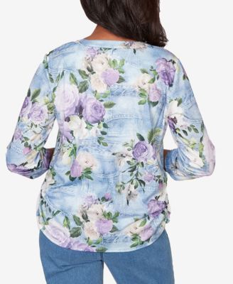 Women's Petite Hilton Head Denim Floral Applique Henley Top