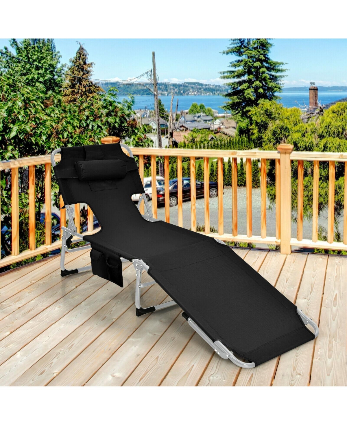 Inolait Sugift Black Folding Beach Lounge Chair with Pillow for Outdoor