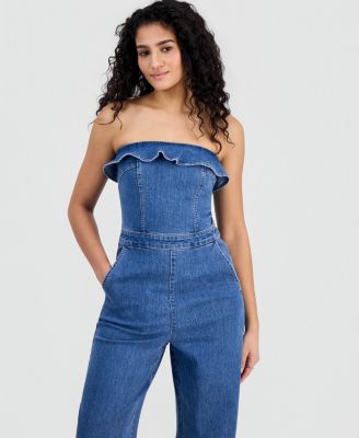 Juniors' Ruffled Strapless Wide-Leg Jumpsuit