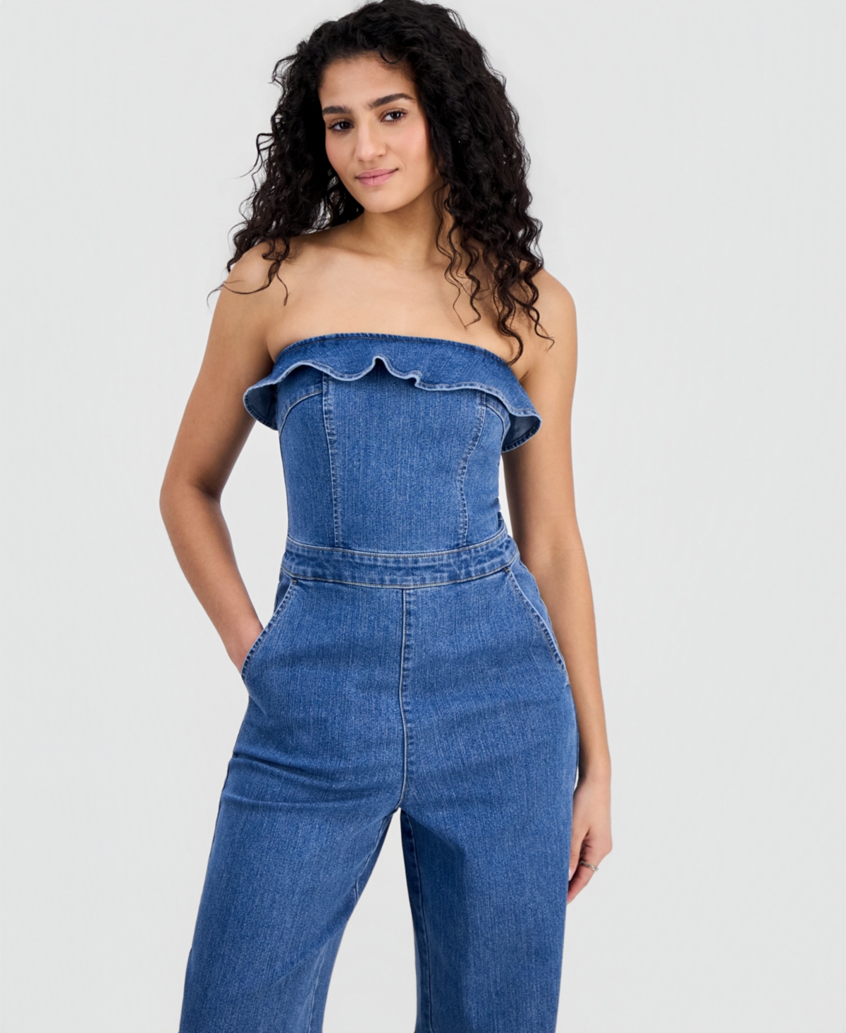Tinseltown Juniors' Ruffled Strapless Wide-Leg Jumpsuit