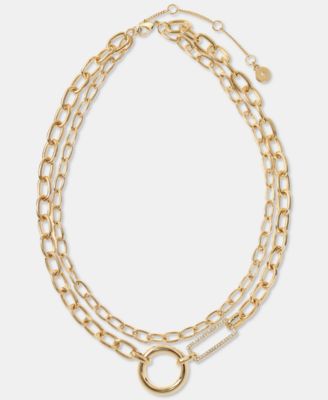 Gold-Tone Pav&eacute; & Polished Circle & Rectangle Layered Chain Link Necklace, 16" + 3" extender