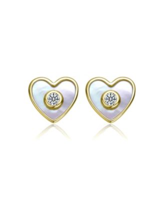 Sterling Silver 14K Gold Plated with White Mother-of-Pearl and Clear Cubic Zirconia Heart-Shaped Stud Earrings for Kids