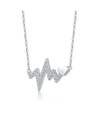 White Gold Plated with Clear Cubic Zirconia Heartbeat Bar Necklace