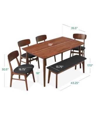 6-Piece Mid-Century Modern Upholstered Wooden Dining Set w/ 4 Chairs, Bench