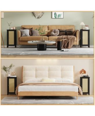 Bamboo Storage Cabinet with Woven Rattan Door, 2-Tier Space-Saving Freestanding Organizer, Natural Finish Nightstand/Side Table, Natural Color