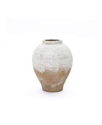 11" Rustic White & Brown Terracotta Vase, Vintage Wide-Body, Narrow-Mouth Ceramic Accent for Farmhouse Decor