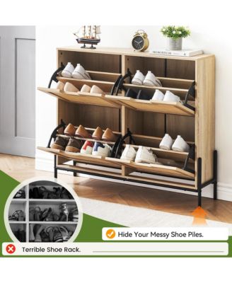 Hidden Rattan Shoe Cabinet with Drawer/ 4 Flip Doors Narrow Shoe Storage,Shoe Organizer