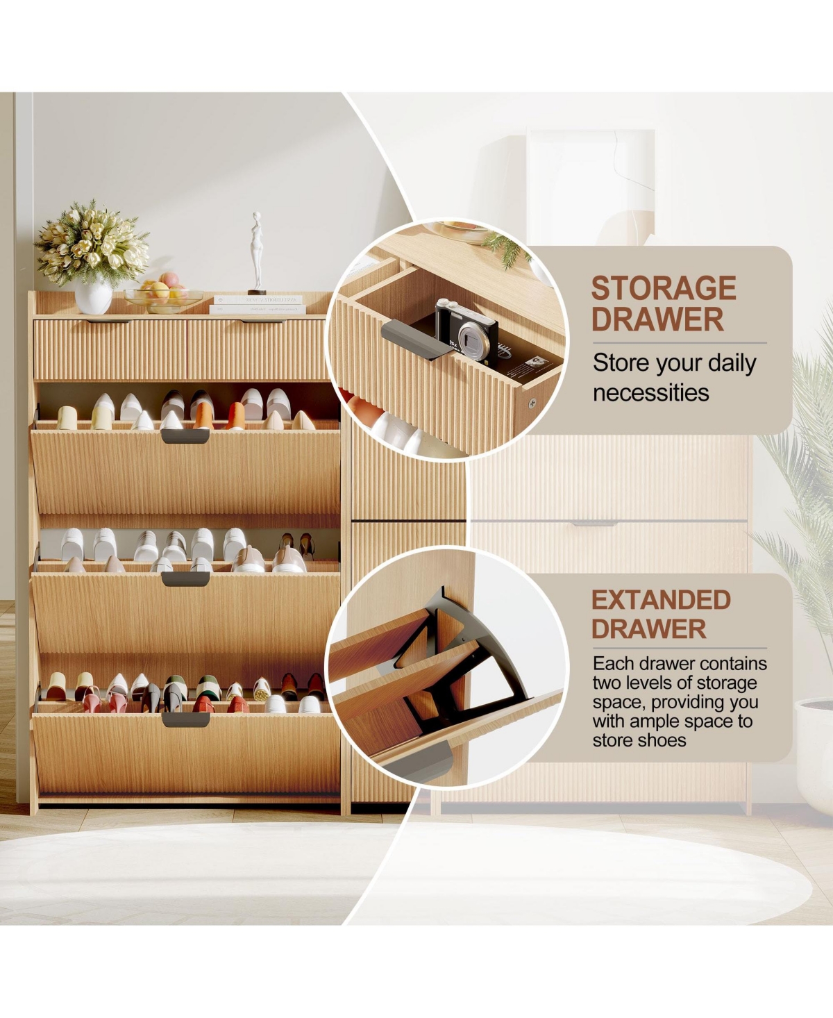 gaomon Modern Fluted Shoe Cabinet with 3 Flip Drawers, Slim Storage Organizer 2 Drawers