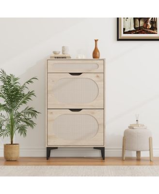 Shoe Cabinet, Rattan Shoe Storage With 2 Flip Drawer and 1 Pull-Out Drawer, Heavy Duty Metal Leg
