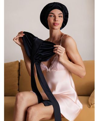 SilkSilky Pure Silk Double-layer Bonnet - With Adjustable Long Tie - Black 33$